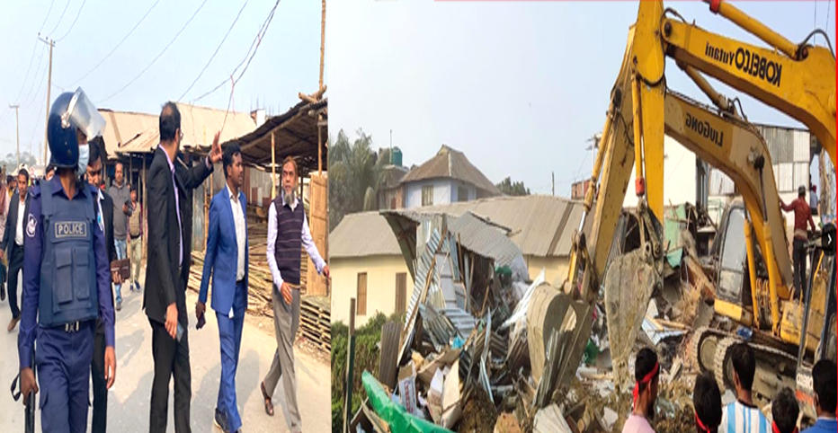নোয়াখালীতে গণপূর্ত বিভাগের সরকারি খাস জমি থেকে অবৈধ ৩০ স্থাপনা উচ্ছেদ।