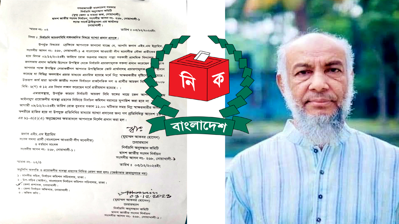 নির্বানের আচারণ বিধি লঙ্ঘন করায় নোয়াখালী-১ আসনের আ.লীগ প্রার্থীকে শোকজ