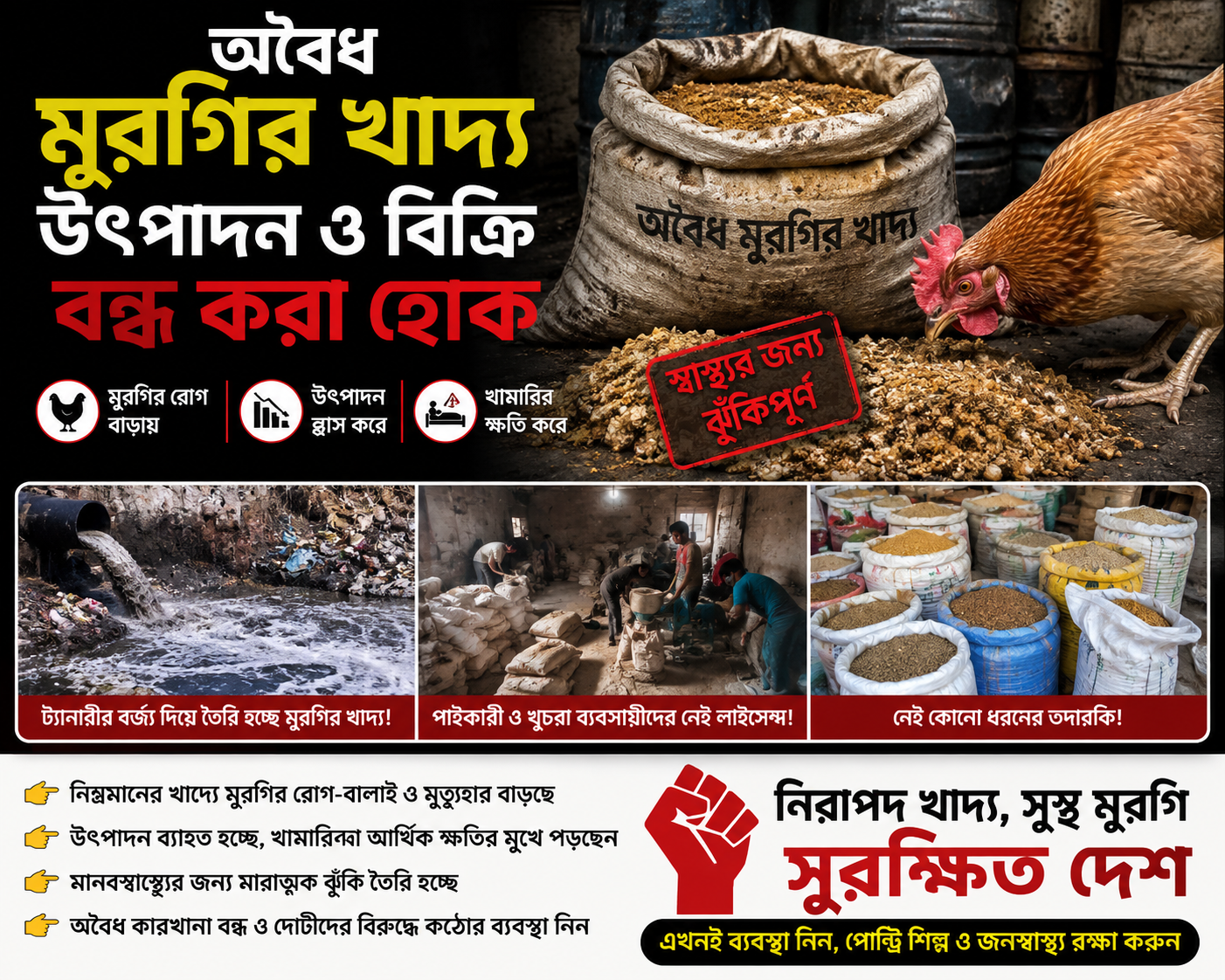 অবৈধ মুরগির খাদ্য উৎপাদন ও বিক্রি বন্ধ করা হোক