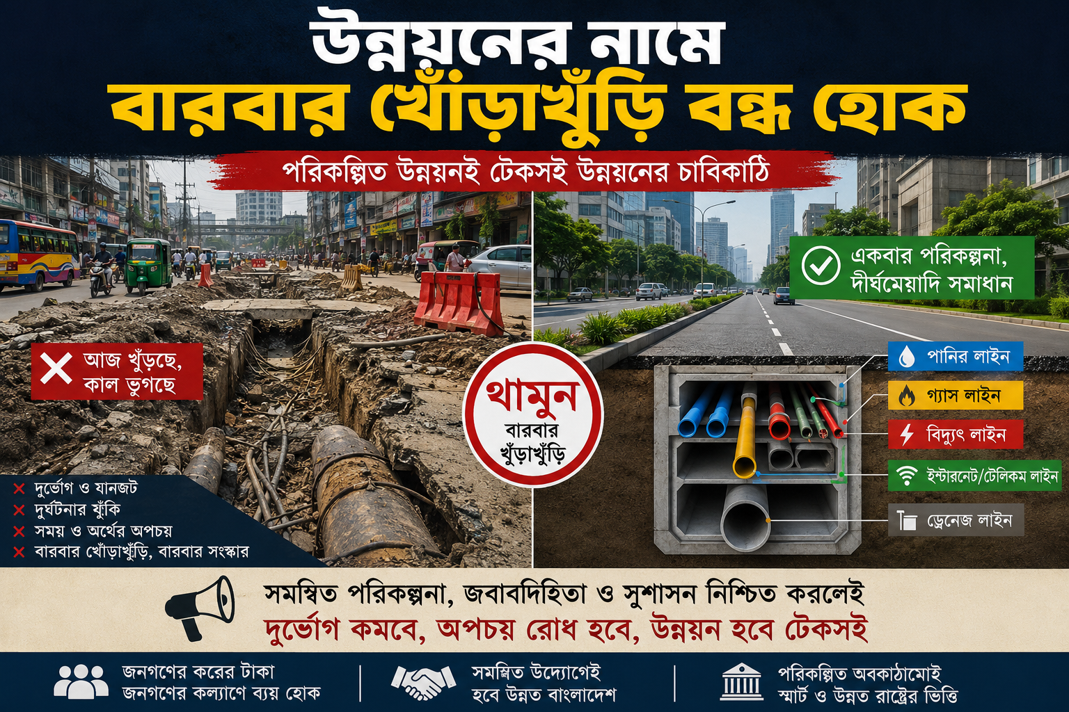 উন্নয়নের নামে বারবার খোঁড়াখুঁড়ি বন্ধ হোক
